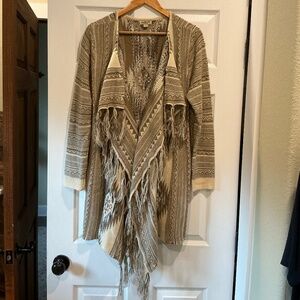 One World Long Cardigan Sweater Open Front Fringe Southwestern Print Cream/Brown